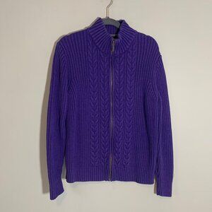 Lands' End Full Zip Cardigan Sweater Womens M Purple Cable Knit Ribbed Cotton